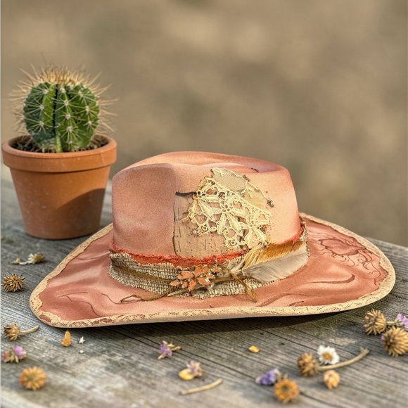 Dusty pink custom western cowgirl hat. Lace. Boho main image 14